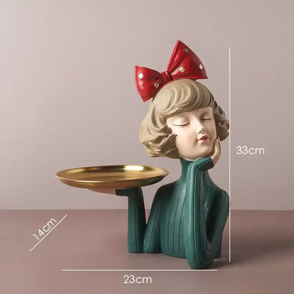 Teal & white bowknot girl resin figurine bedroom decor with gold tray