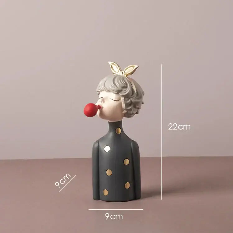 Teal & white bowknot girl resin figurine bedroom decor with gold tray