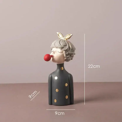 Teal & white bowknot girl resin figurine bedroom decor with gold tray