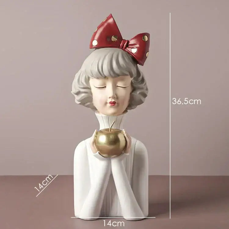 Teal & white bowknot girl resin figurine bedroom decor with gold tray