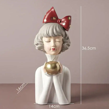 Teal & white bowknot girl resin figurine bedroom decor with gold tray