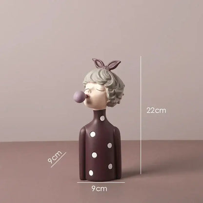 Teal & white bowknot girl resin figurine bedroom decor with gold tray