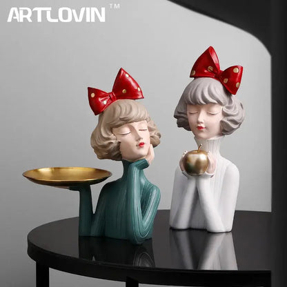Teal & white bowknot girl resin figurine bedroom decor with gold tray