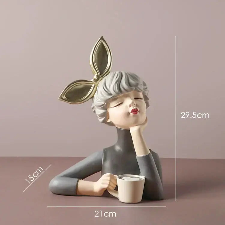 Teal & white bowknot girl resin figurine bedroom decor with gold tray