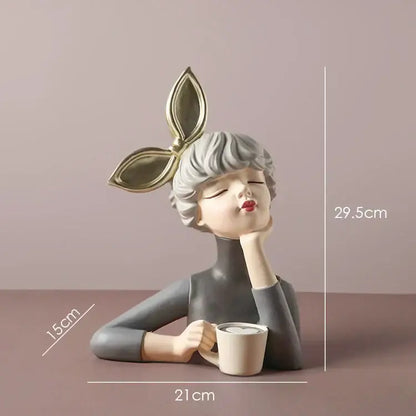Teal & white bowknot girl resin figurine bedroom decor with gold tray