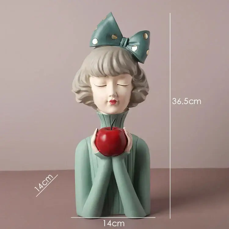 Teal & white bowknot girl resin figurine bedroom decor with gold tray