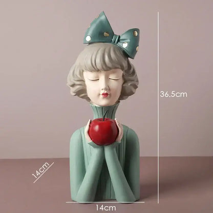 Teal & white bowknot girl resin figurine bedroom decor with gold tray
