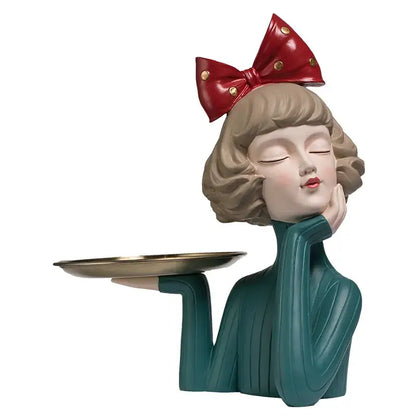 Teal & white bowknot girl resin figurine bedroom decor with gold tray