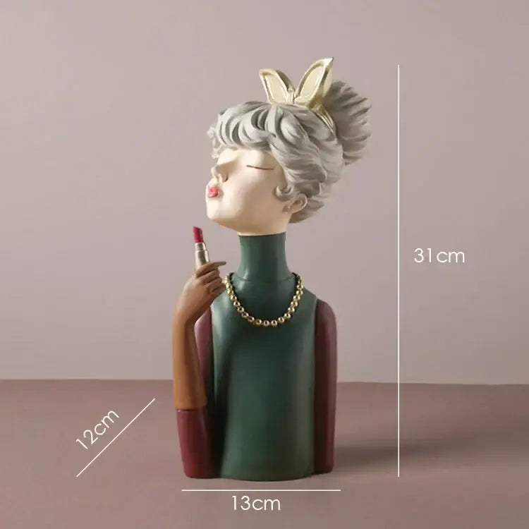 Teal & white bowknot girl resin figurine bedroom decor with gold tray