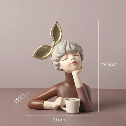 Teal & white bowknot girl resin figurine bedroom decor with gold tray