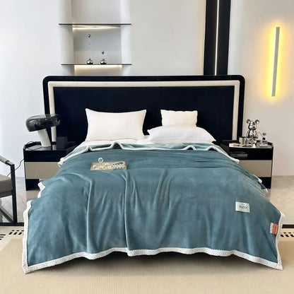 Teal & white cozy flannel nap blanket bedroom plush throw