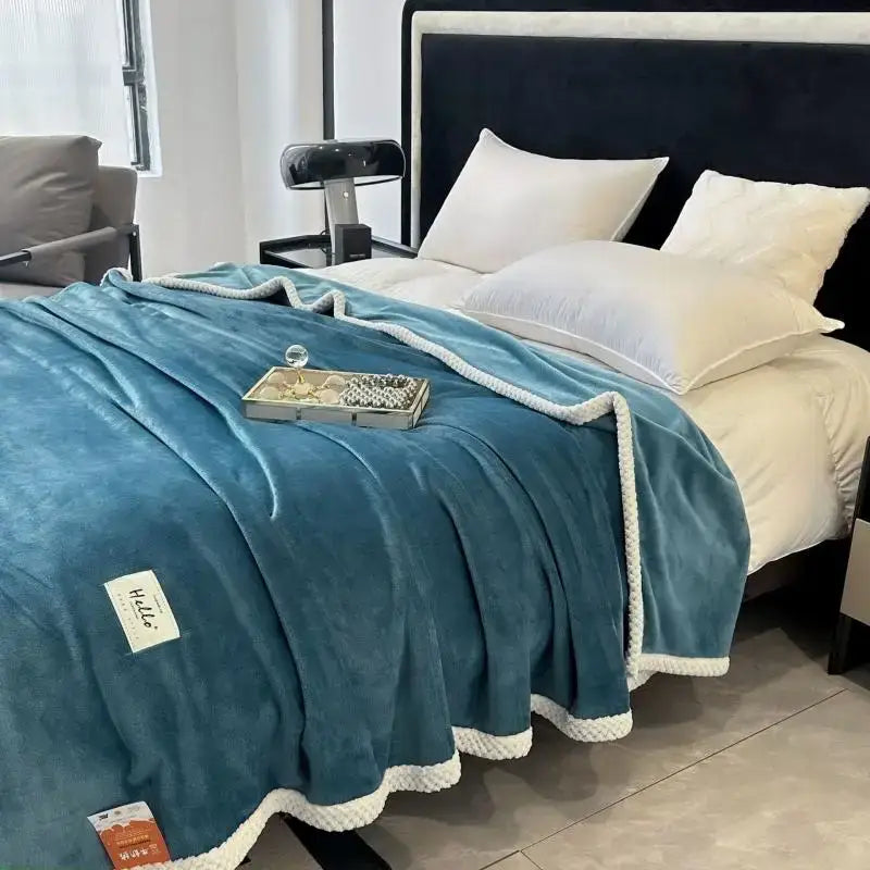 Teal & white cozy flannel nap blanket bedroom plush throw
