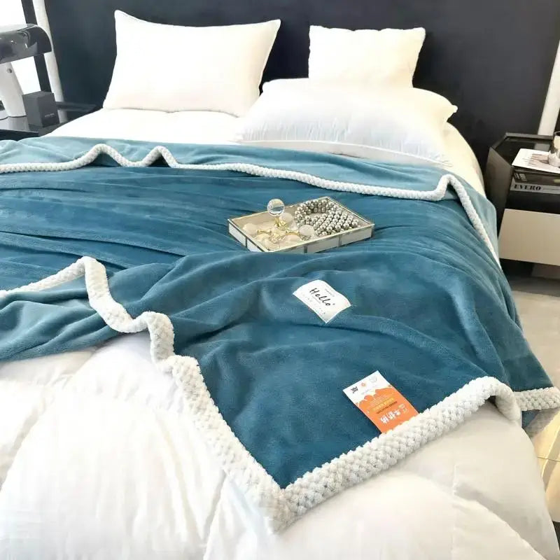 Teal & white cozy flannel nap blanket bedroom plush throw