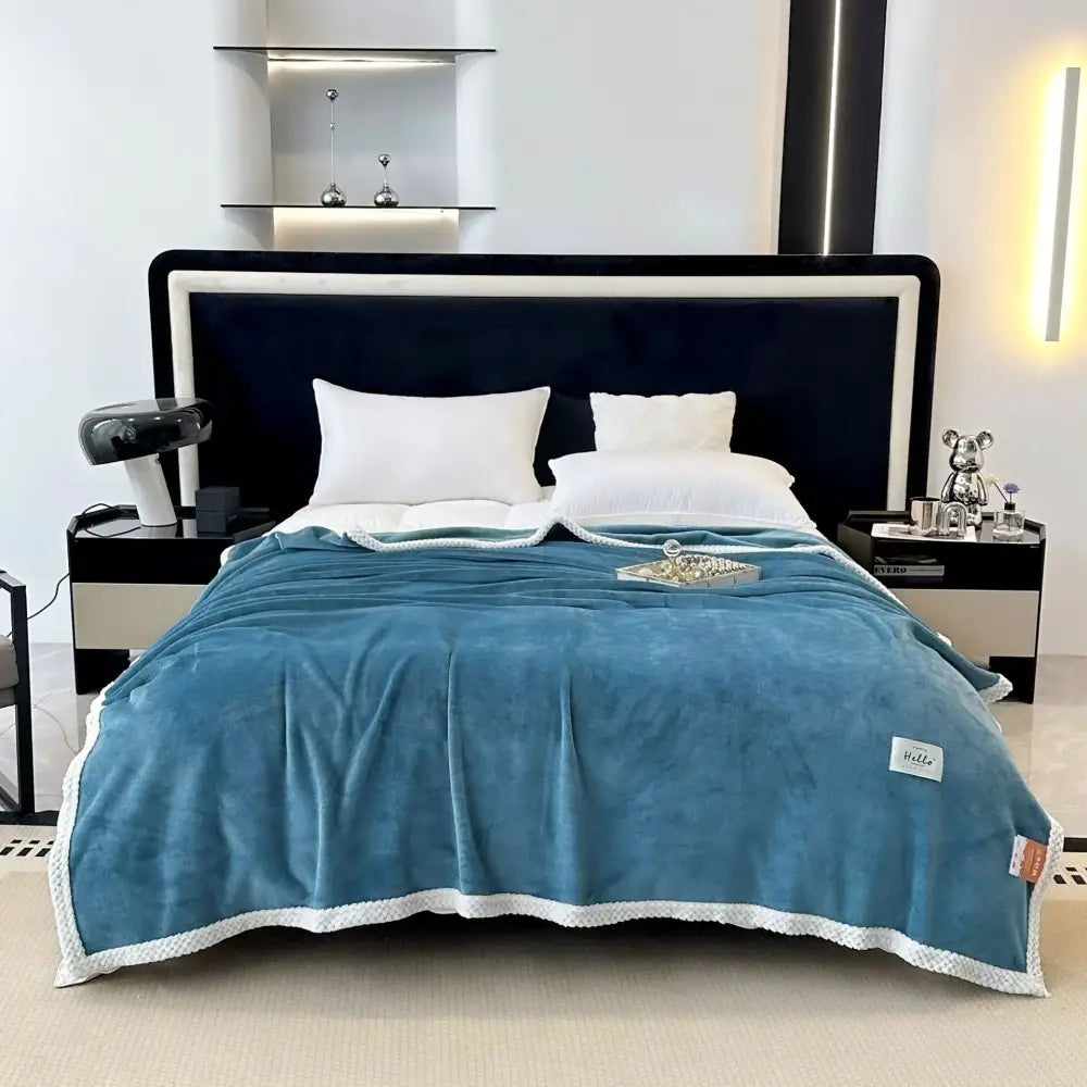 Teal & white cozy flannel nap blanket bedroom plush throw