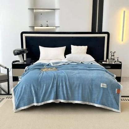 Teal & white cozy flannel nap blanket bedroom plush throw