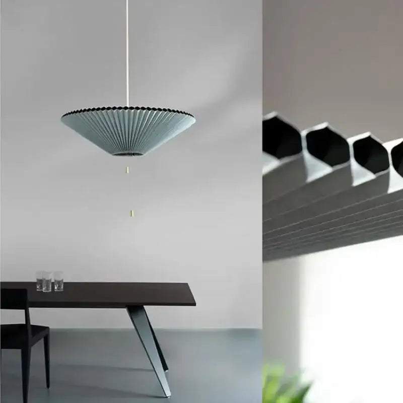Teal & white deformed fabric umbrella dining room pendant