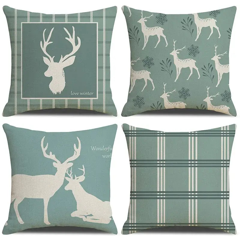 Teal & white deer grid line pillowcase set living room cushion cover