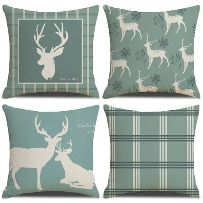 Teal & white deer grid line pillowcase set living room cushion cover