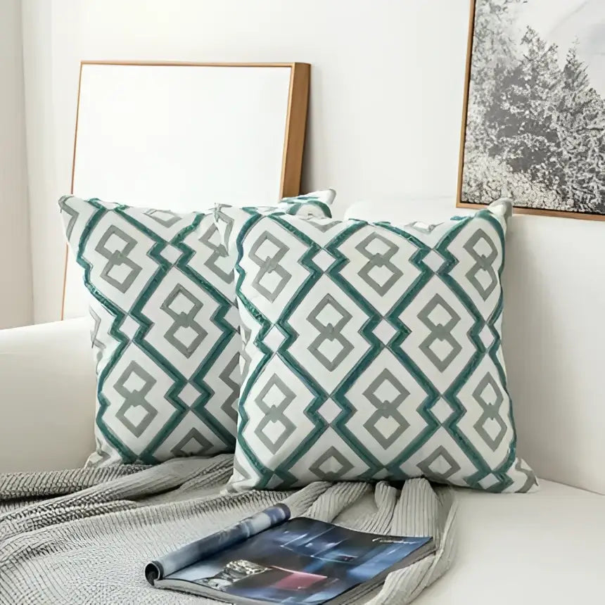 Teal & white embroidered geometric floral cushion cover living room