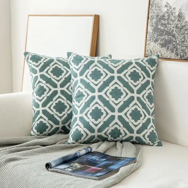 Teal & white embroidered geometric floral cushion cover living room