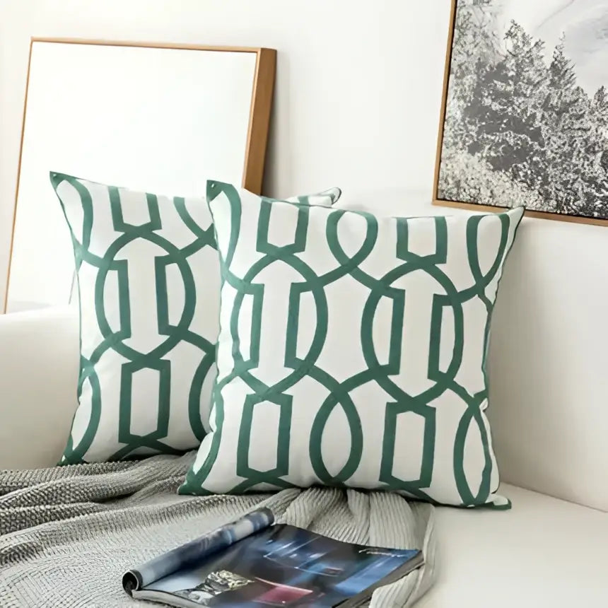 Teal & white embroidered geometric floral cushion cover living room