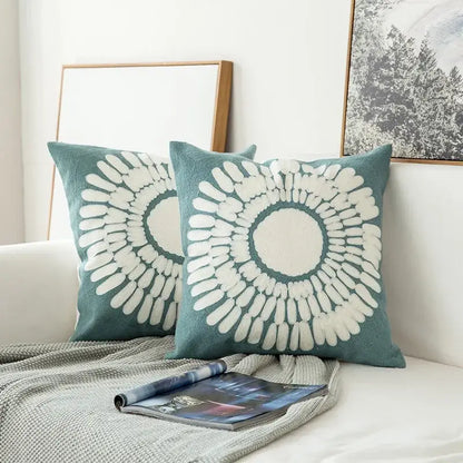 Teal & white embroidered geometric floral cushion cover living room