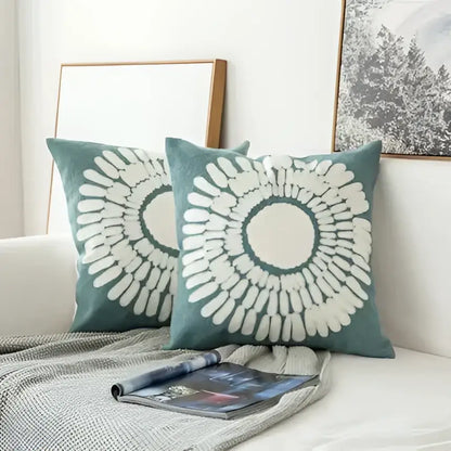 Teal & white embroidered geometric floral cushion cover living room