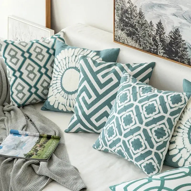 Teal & white embroidered geometric floral cushion cover living room