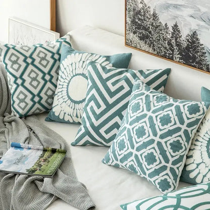 Teal & white embroidered geometric floral cushion cover living room
