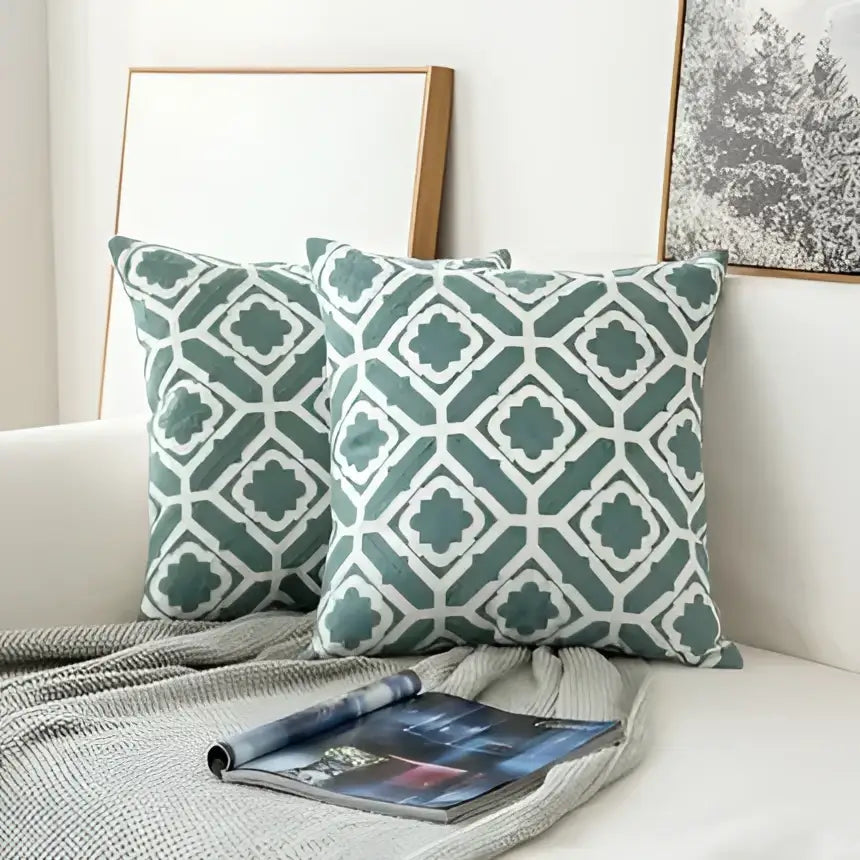 Teal & white embroidered geometric floral cushion cover living room