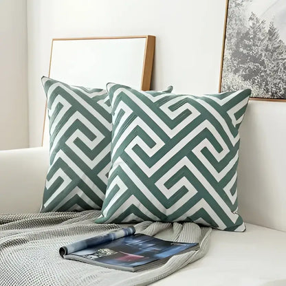 Teal & white embroidered geometric floral cushion cover living room