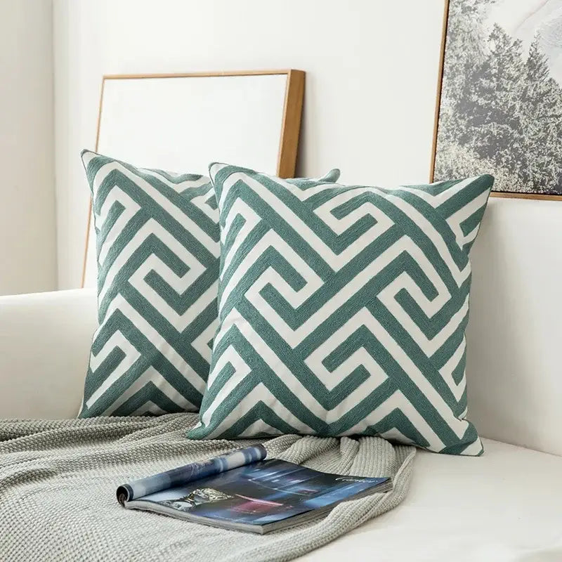 Teal & white embroidered geometric floral cushion cover living room