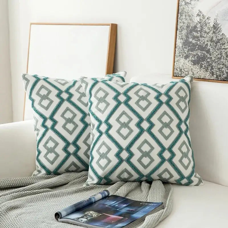 Teal & white embroidered geometric floral cushion cover living room