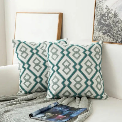 Teal & white embroidered geometric floral cushion cover living room