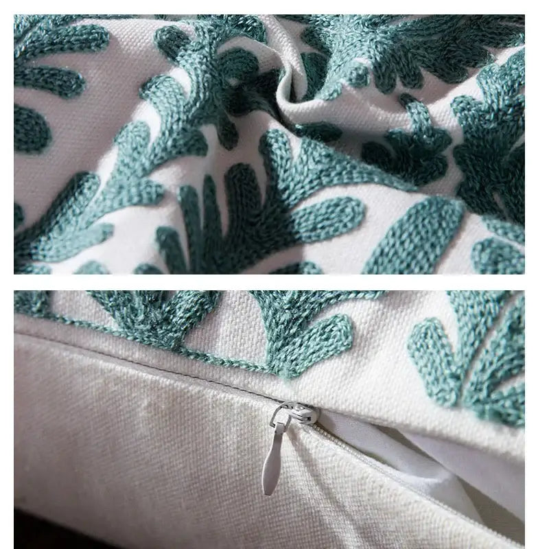 Teal & white geometric embroidered cushion cover living room decor