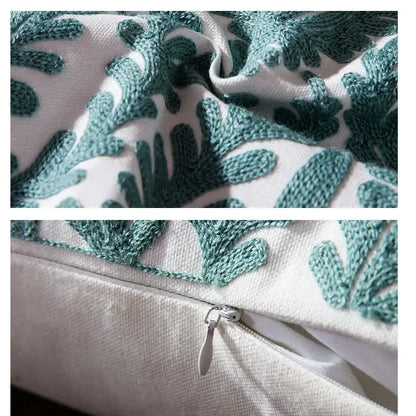 Teal & white geometric embroidered cushion cover living room decor