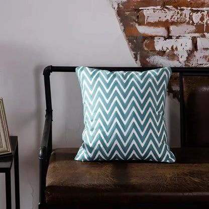 Teal & white geometric embroidered cushion cover living room decor