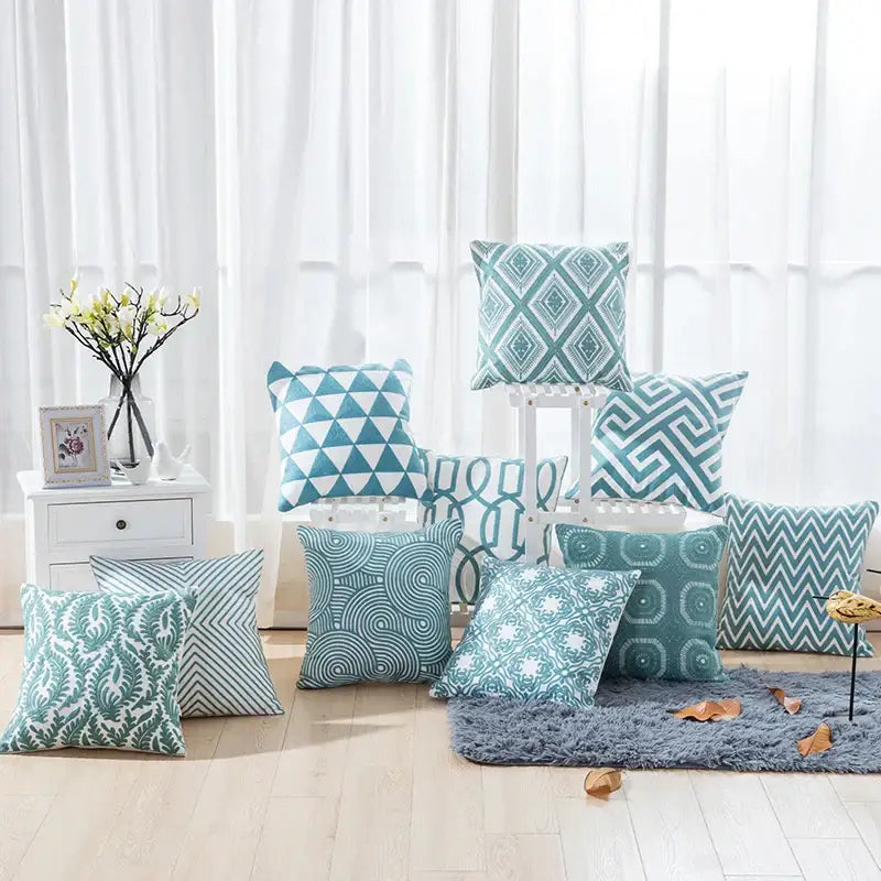 Teal & white geometric embroidered cushion cover living room decor