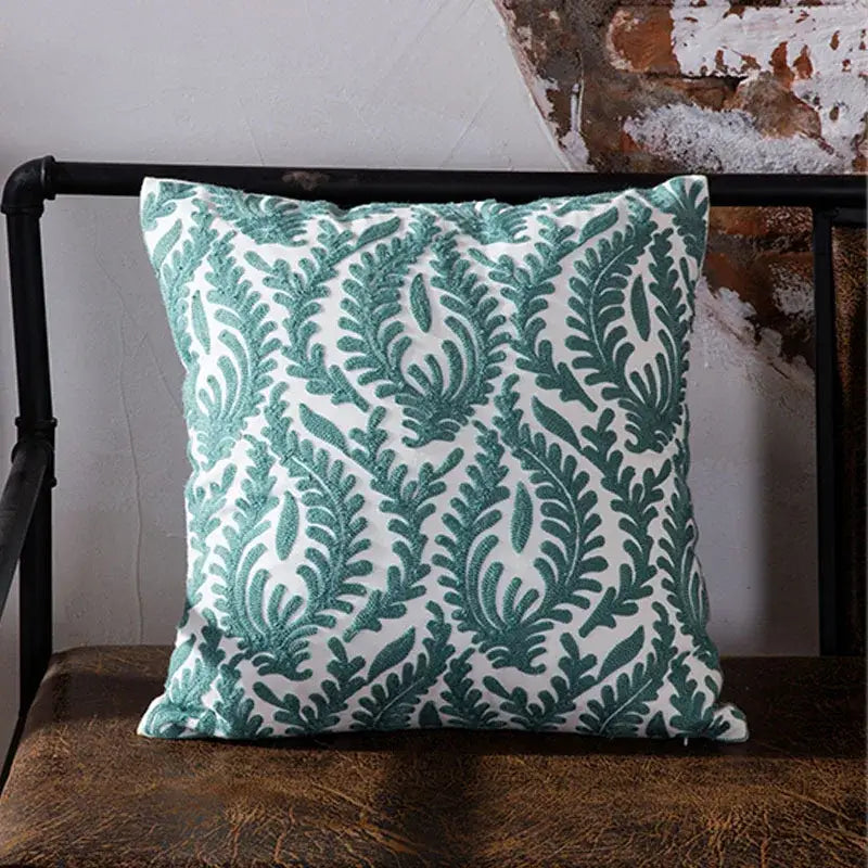 Teal & white geometric embroidered cushion cover living room decor