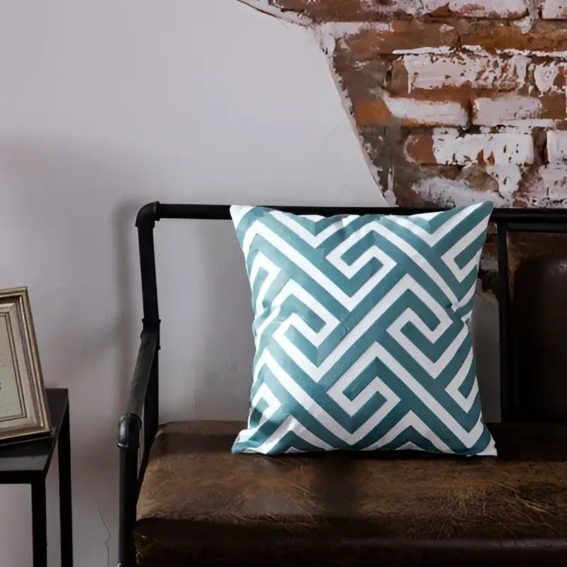 Teal & white geometric embroidered cushion cover living room decor