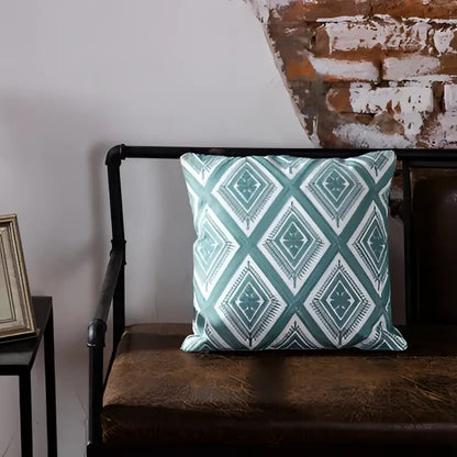 Teal & white geometric embroidered cushion cover living room decor