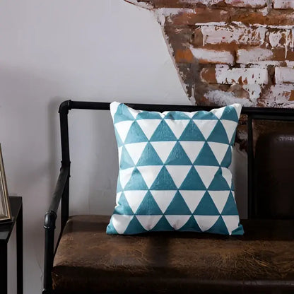 Teal & white geometric embroidered cushion cover living room decor