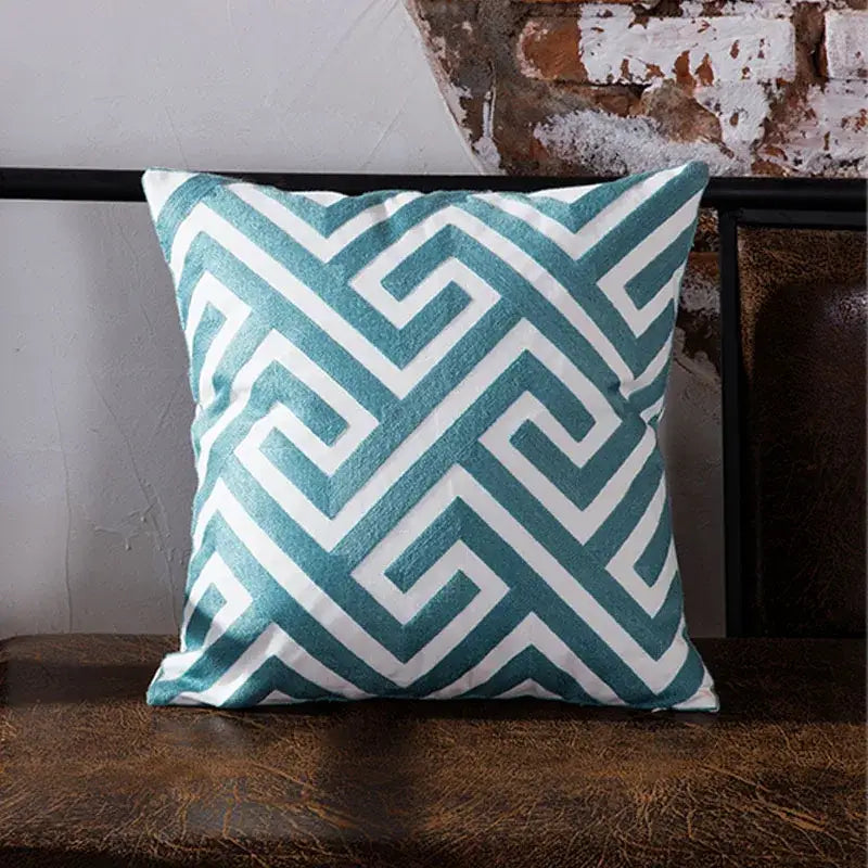 Teal & white geometric embroidered cushion cover living room decor