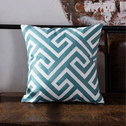Teal & white geometric embroidered cushion cover living room decor