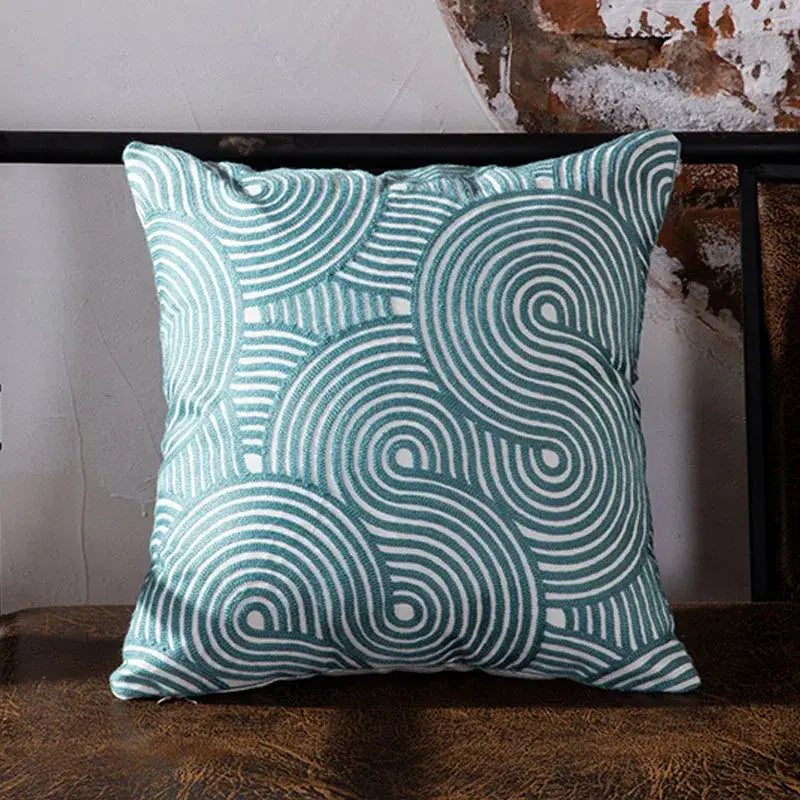 Teal & white geometric embroidered cushion cover living room decor