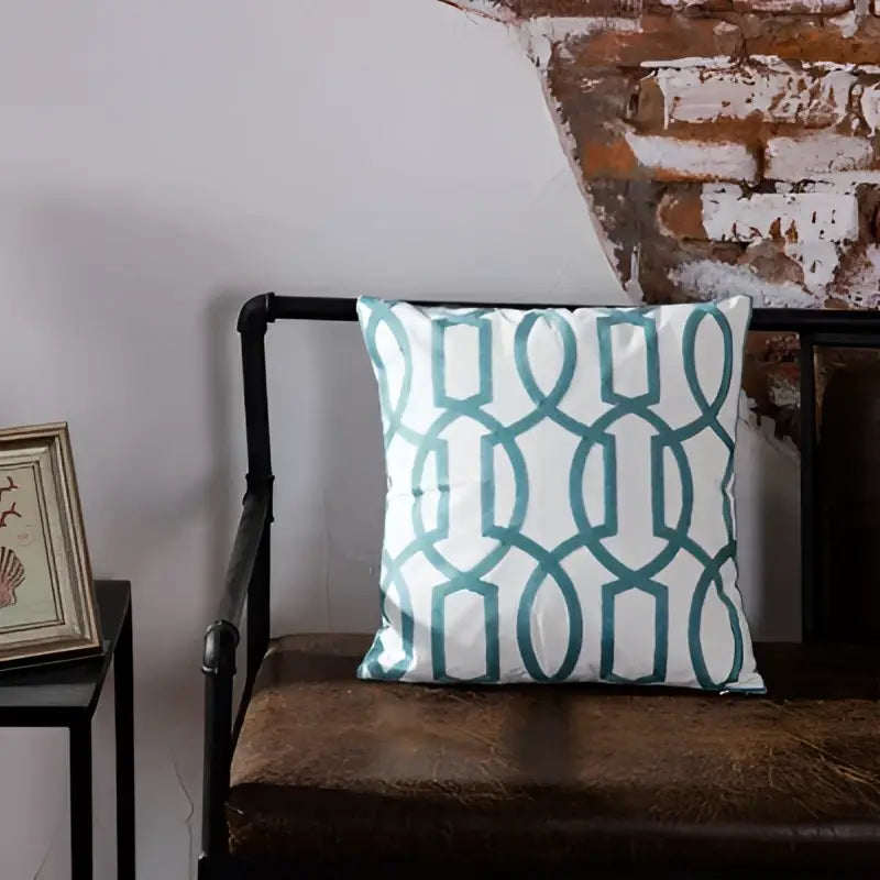 Teal & white geometric embroidered cushion cover living room decor