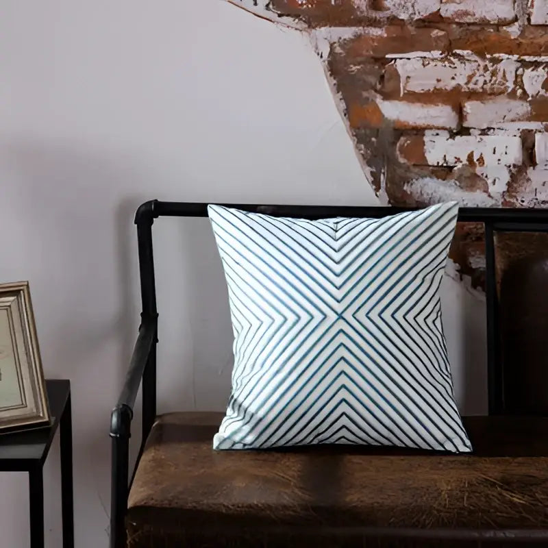 Teal & white geometric embroidered cushion cover living room decor