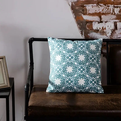 Teal & white geometric embroidered cushion cover living room decor