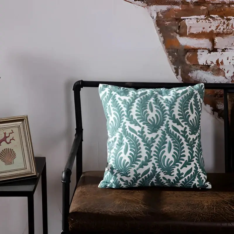 Teal & white geometric embroidered cushion cover living room decor
