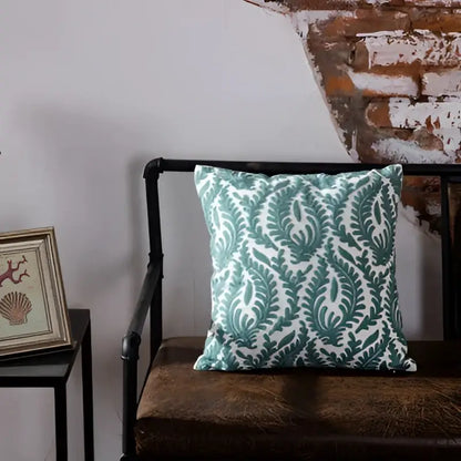 Teal & white geometric embroidered cushion cover living room decor